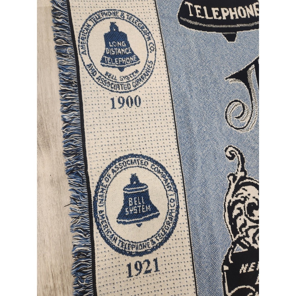 Vintage Tapestry Throw Blanket AT&T Telephone Phone Timeline Blue Cream 70x47" - Picture 5 of 8